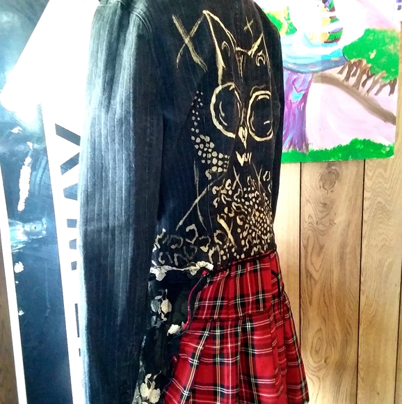 Pinstripe Jean Trench with vintage lace and tartan - Picture 2 of 6